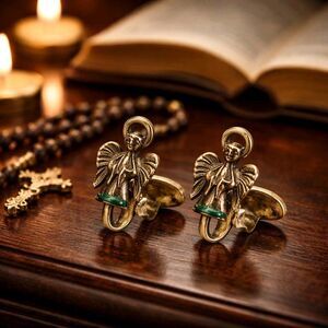 Vintage Green Crystals Gold Tone Angel Clip -On Earrings